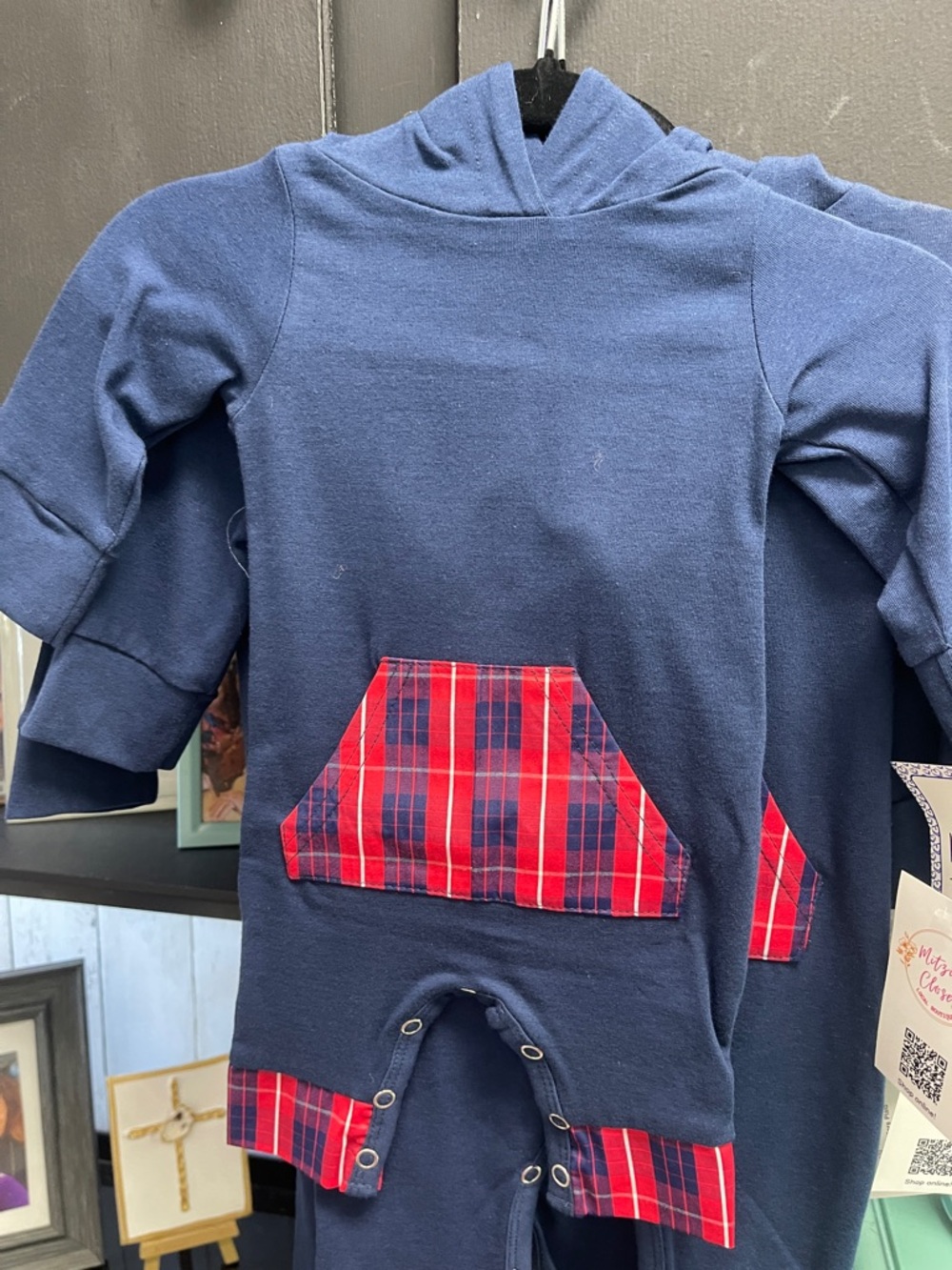 Ann Loren Navy Blue One-Piece Bodysuit with Red Plaid Accents